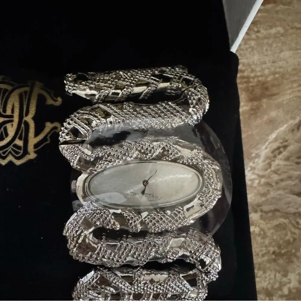 NEW Roberto Cavalli Gray Cleopatra Snake Enamel Silver Oval Dial Watch